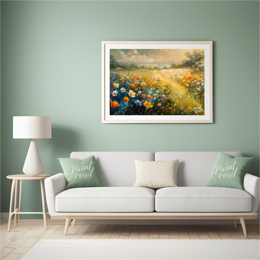 This vibrant digital painting captures a sprawling meadow vista filled with colorful wildflowers, f… for living room