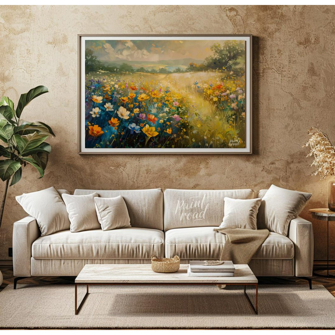 This vibrant digital painting captures a sprawling meadow vista filled with colorful wildflowers, f… for living room