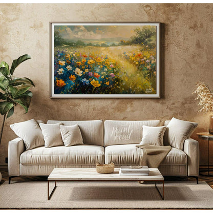 This vibrant digital painting captures a sprawling meadow vista filled with colorful wildflowers, f… for living room