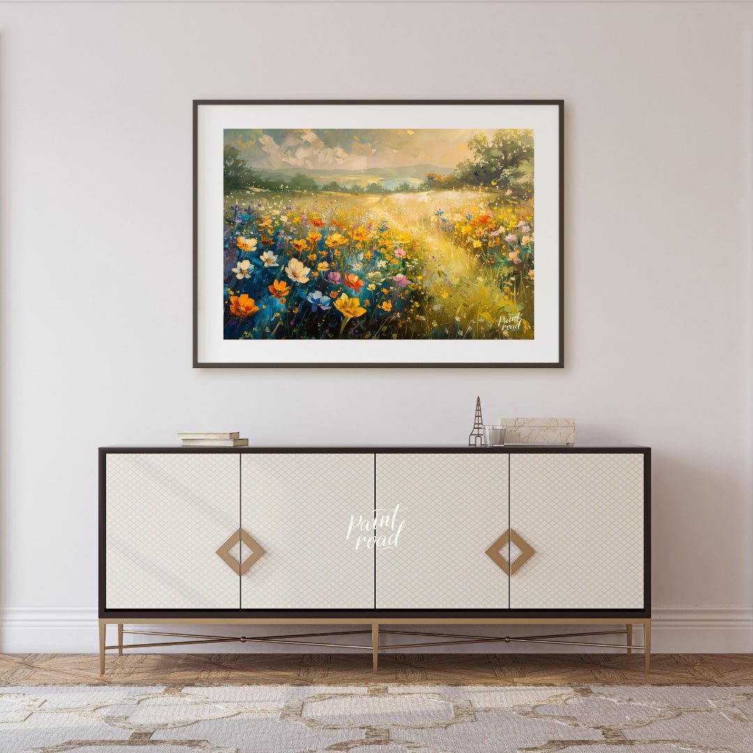 This vibrant digital painting captures a sprawling meadow vista filled with colorful wildflowers, f… for living room