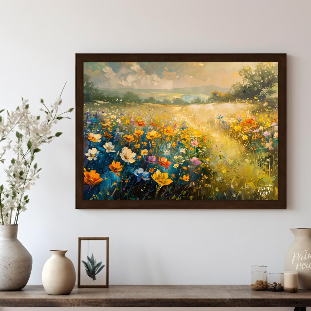 This vibrant digital painting captures a sprawling meadow vista filled with colorful wildflowers, f… for living room