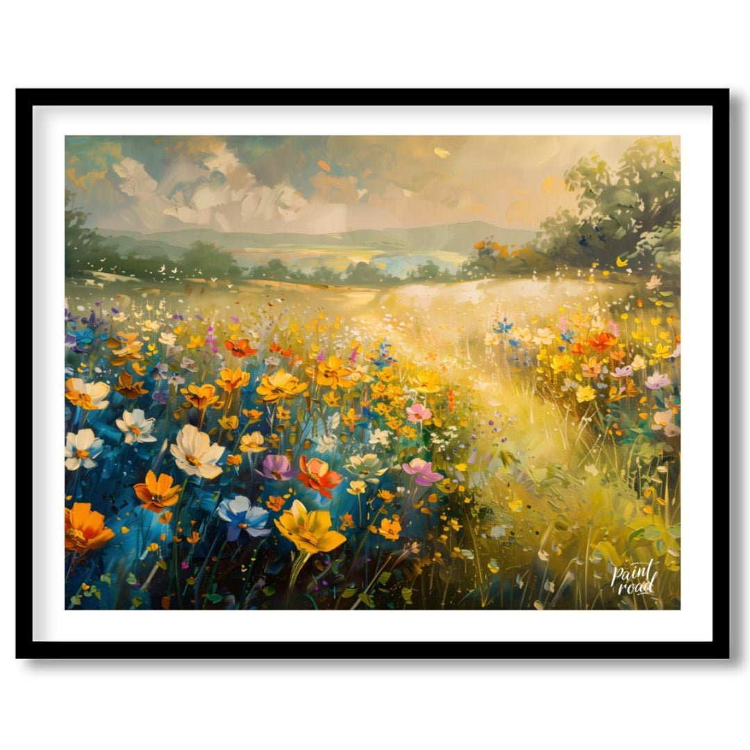 This vibrant digital painting captures a sprawling meadow vista filled with colorful wildflowers, f… for room