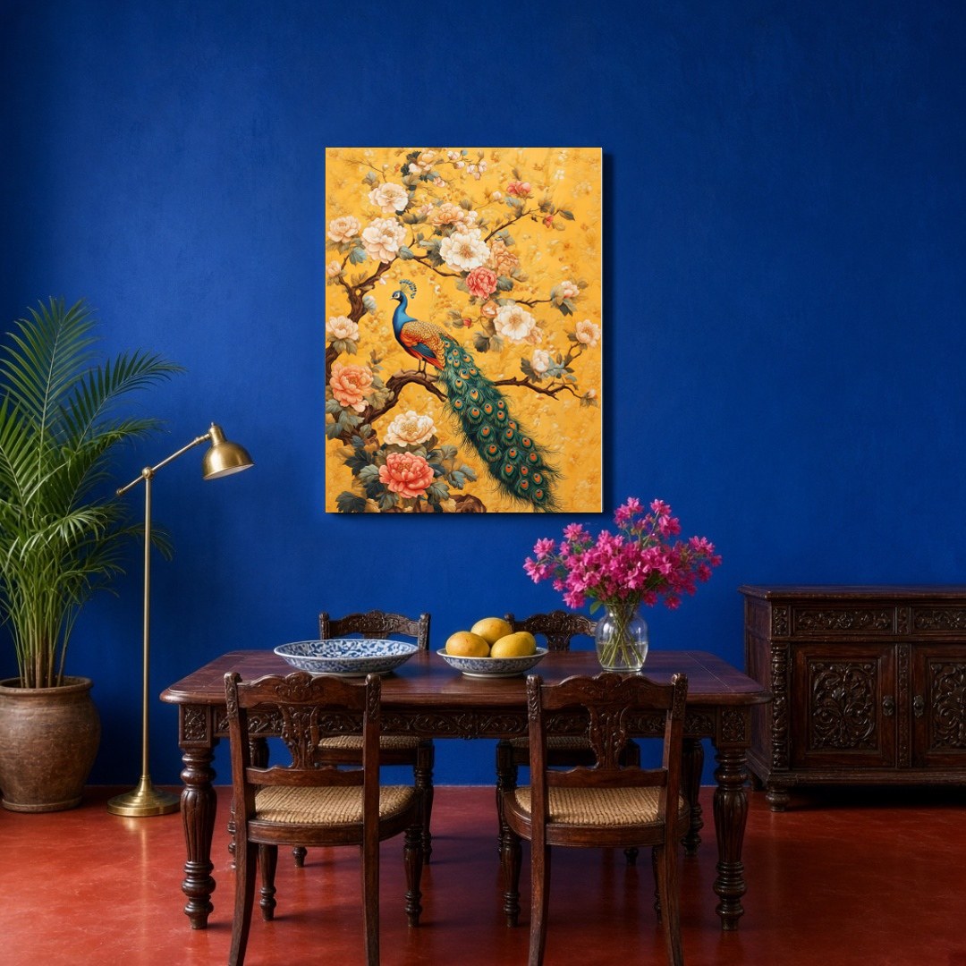 Immerse yourself in the opulence of nature's finest with this majestic depiction of a peacock for Dining