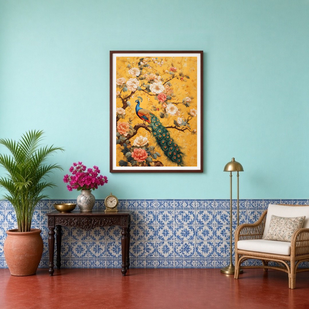 Immerse yourself in the opulence of nature's finest with this majestic depiction of a peacock for Entrance