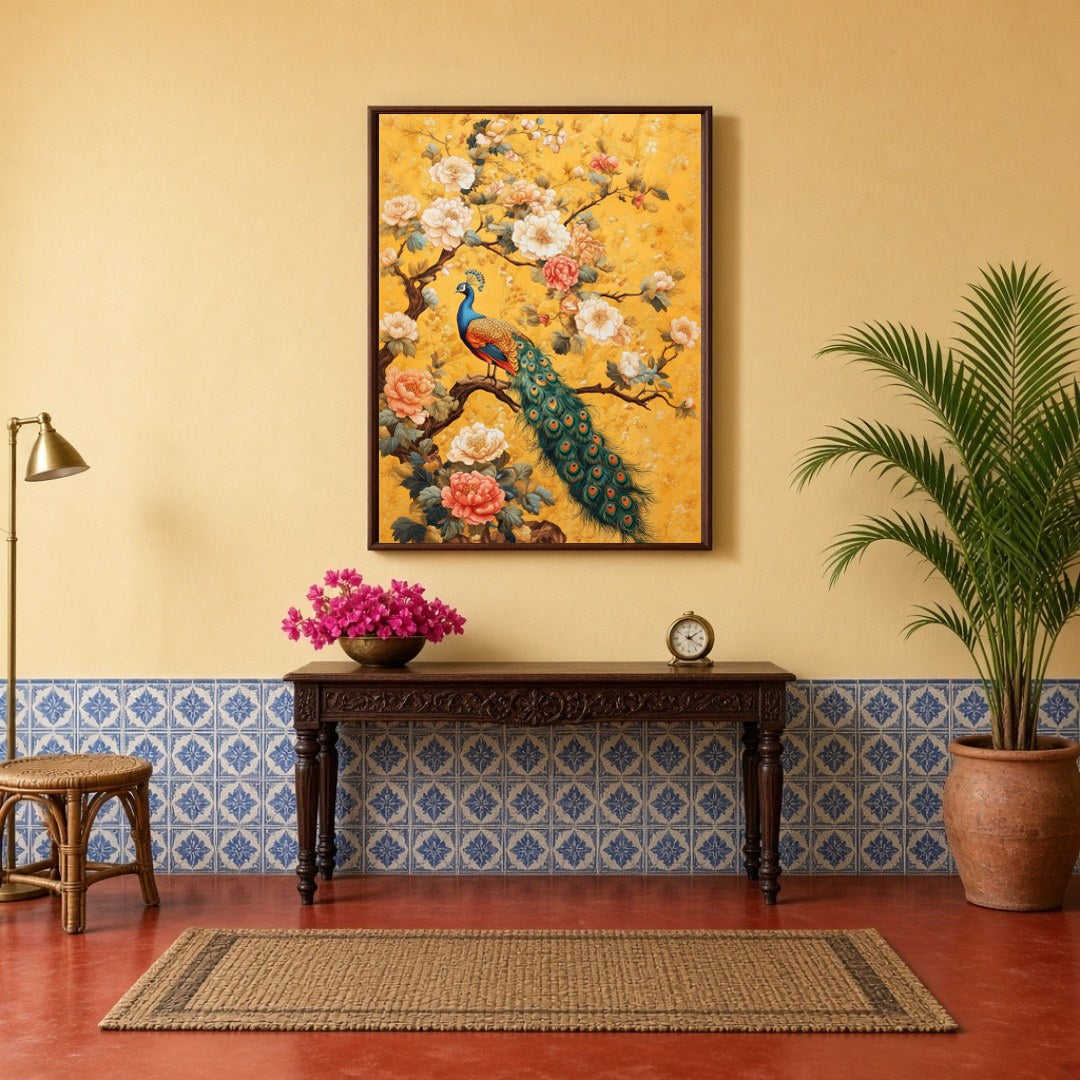 Immerse yourself in the opulence of nature's finest with this majestic depiction of a peacock for Hallway