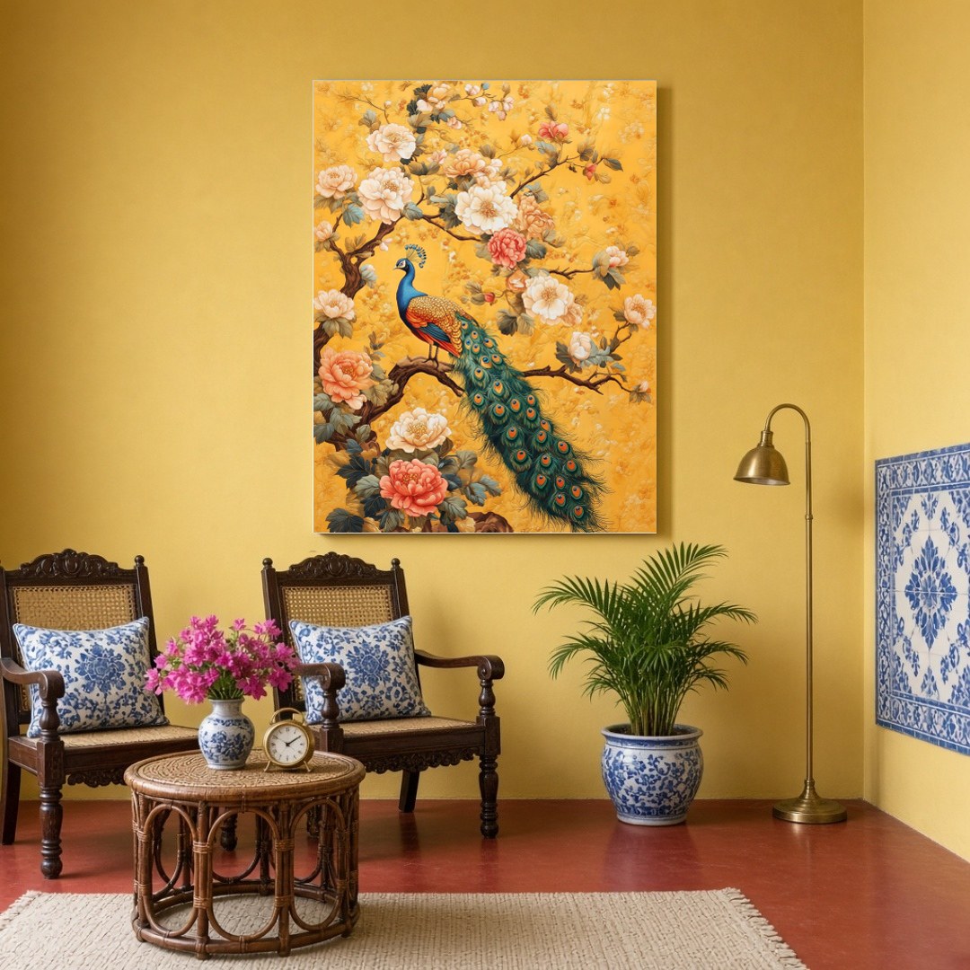 Immerse yourself in the opulence of nature's finest with this majestic depiction of a peacock for Sitting Area