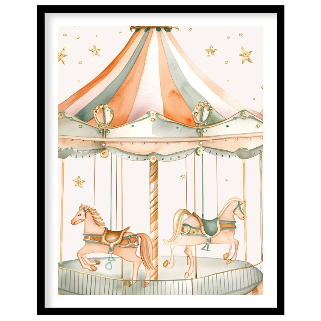 This elegant watercolor illustration showcases a vintage carousel adorned with a striped canopy in … for sweet home