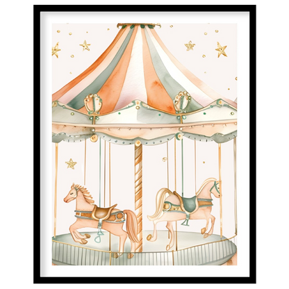 This elegant watercolor illustration showcases a vintage carousel adorned with a striped canopy in … for sweet home