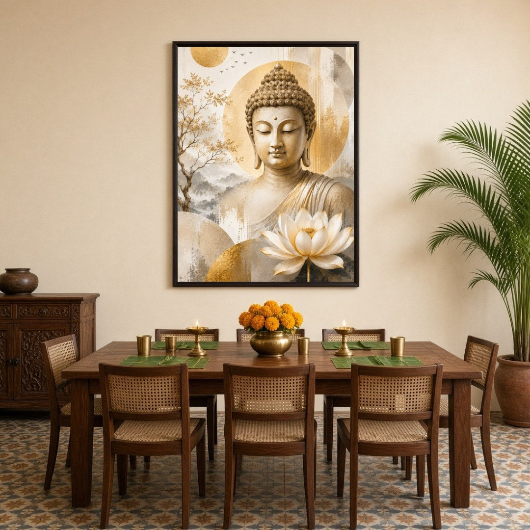 Immerse yourself in the tranquil presence of Lord Buddha portrayed in this exquisite artwork. for Dining