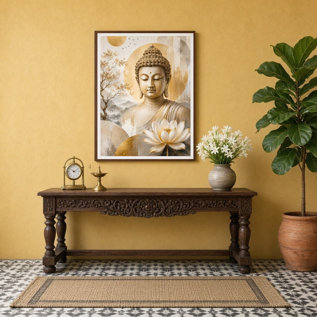Immerse yourself in the tranquil presence of Lord Buddha portrayed in this exquisite artwork. for Entrance