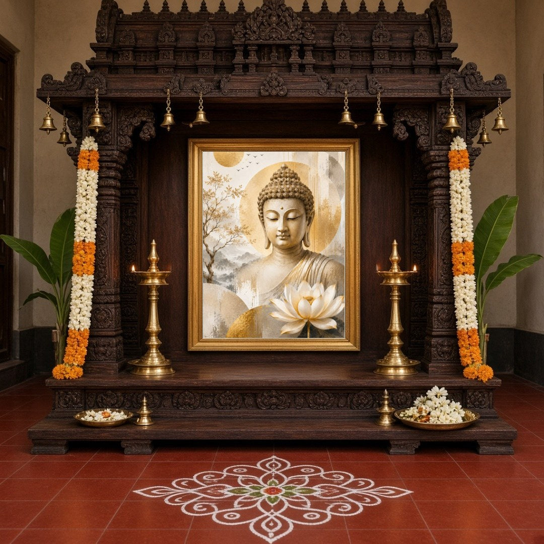 Immerse yourself in the tranquil presence of Lord Buddha portrayed in this exquisite artwork. for Home Temple