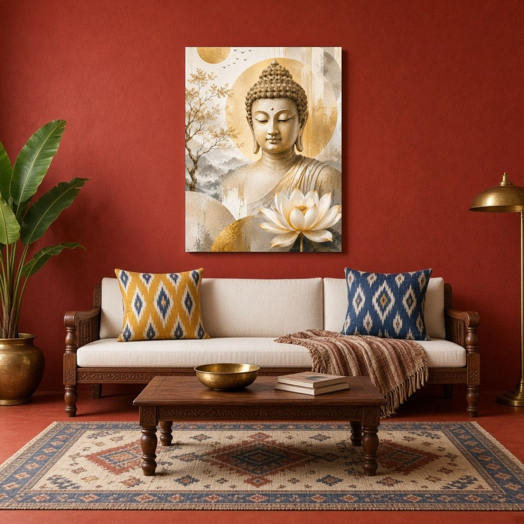 Immerse yourself in the tranquil presence of Lord Buddha portrayed in this exquisite artwork. for Living Room