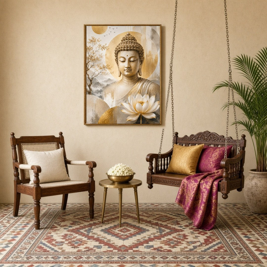 Immerse yourself in the tranquil presence of Lord Buddha portrayed in this exquisite artwork. for Sitting Lounge