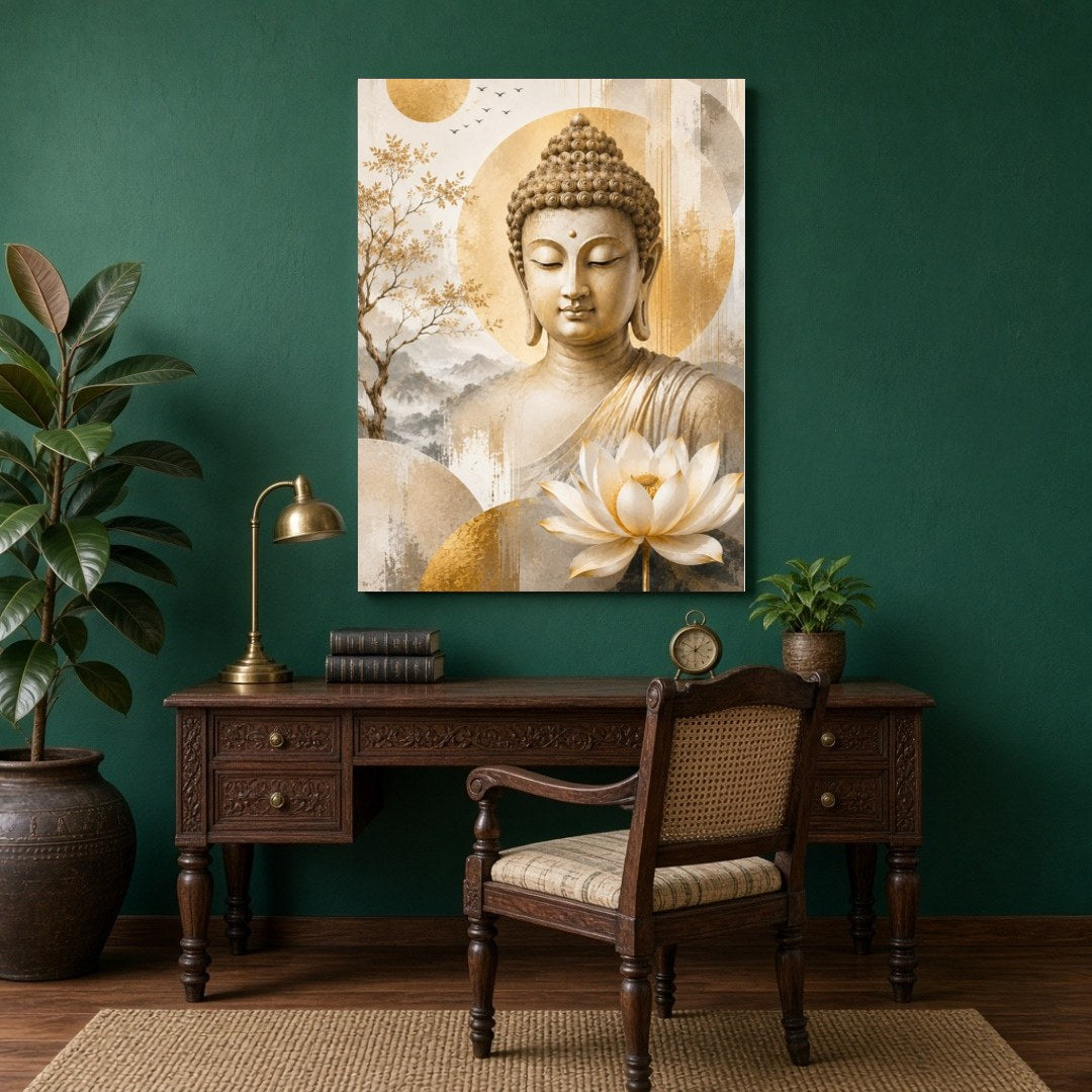 Immerse yourself in the tranquil presence of Lord Buddha portrayed in this exquisite artwork. for Study