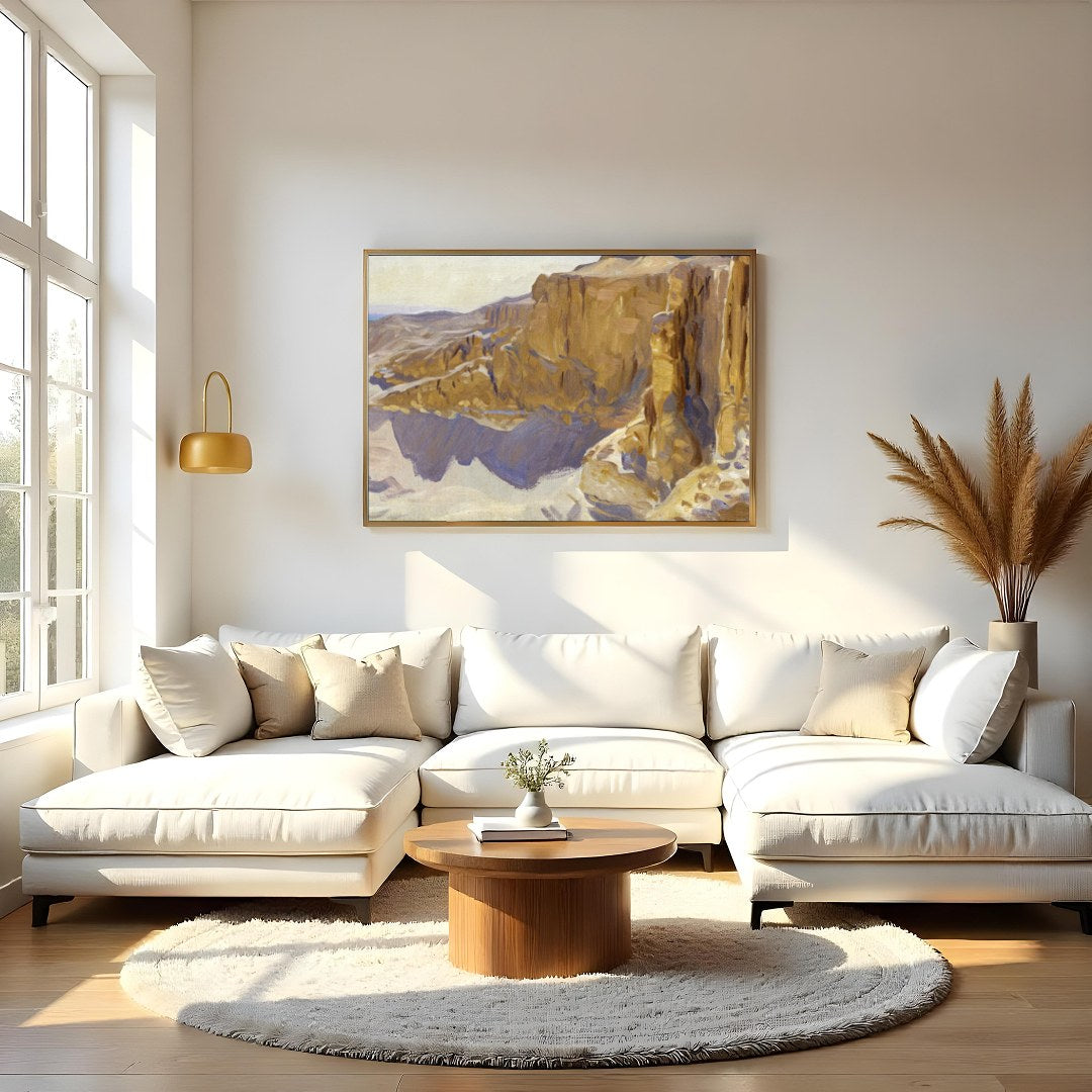 Immerse yourself in the tranquil beauty of this desert canyon landscape, where the golden rocks for Living Room