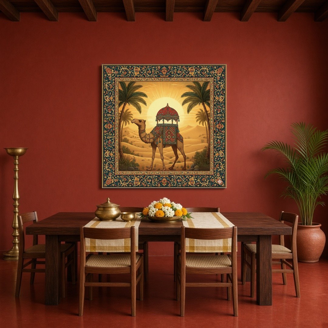 Immerse yourself in the golden glow of a sunlit desert landscape with this captivating art piece. for Dining