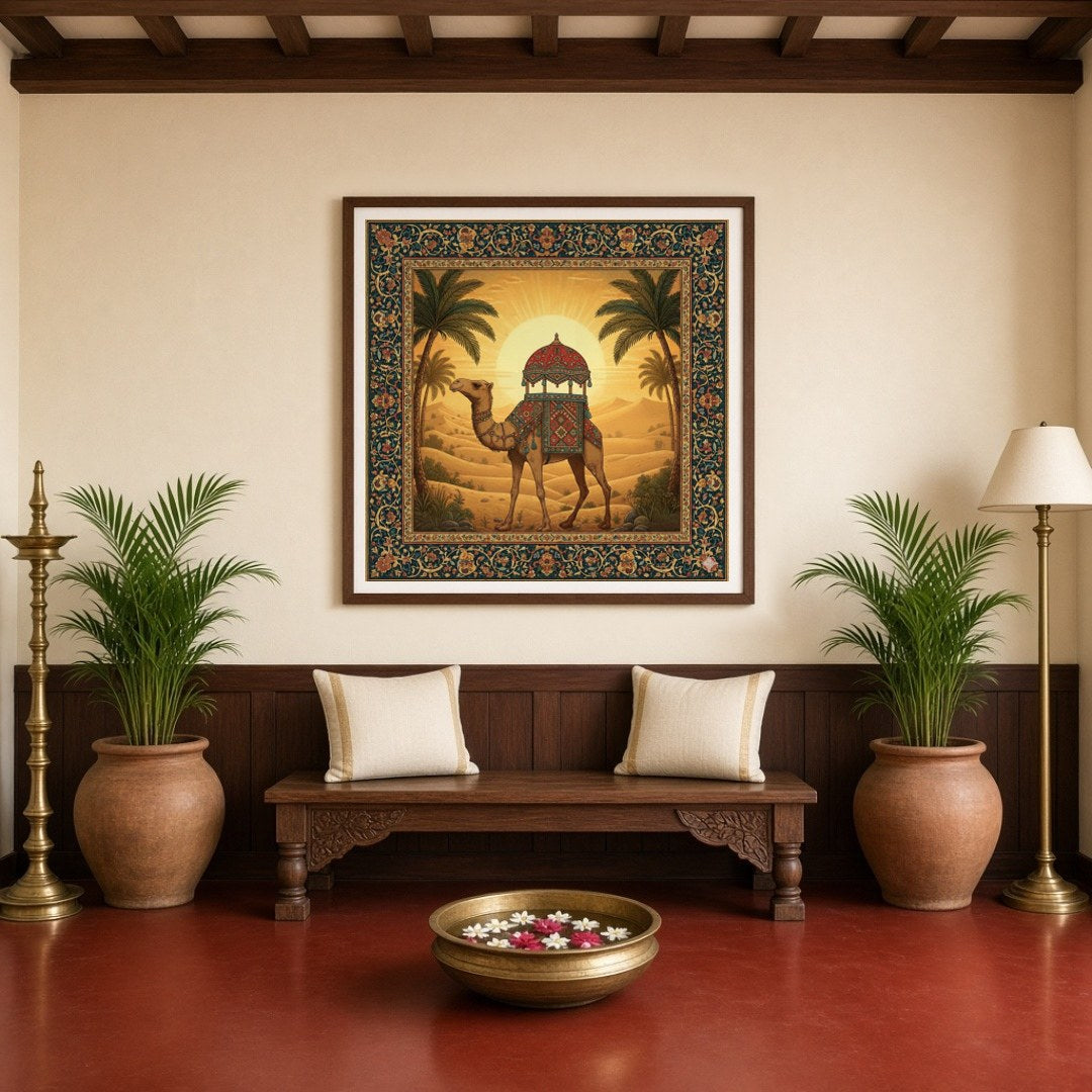 Immerse yourself in the golden glow of a sunlit desert landscape with this captivating art piece. for Entrance
