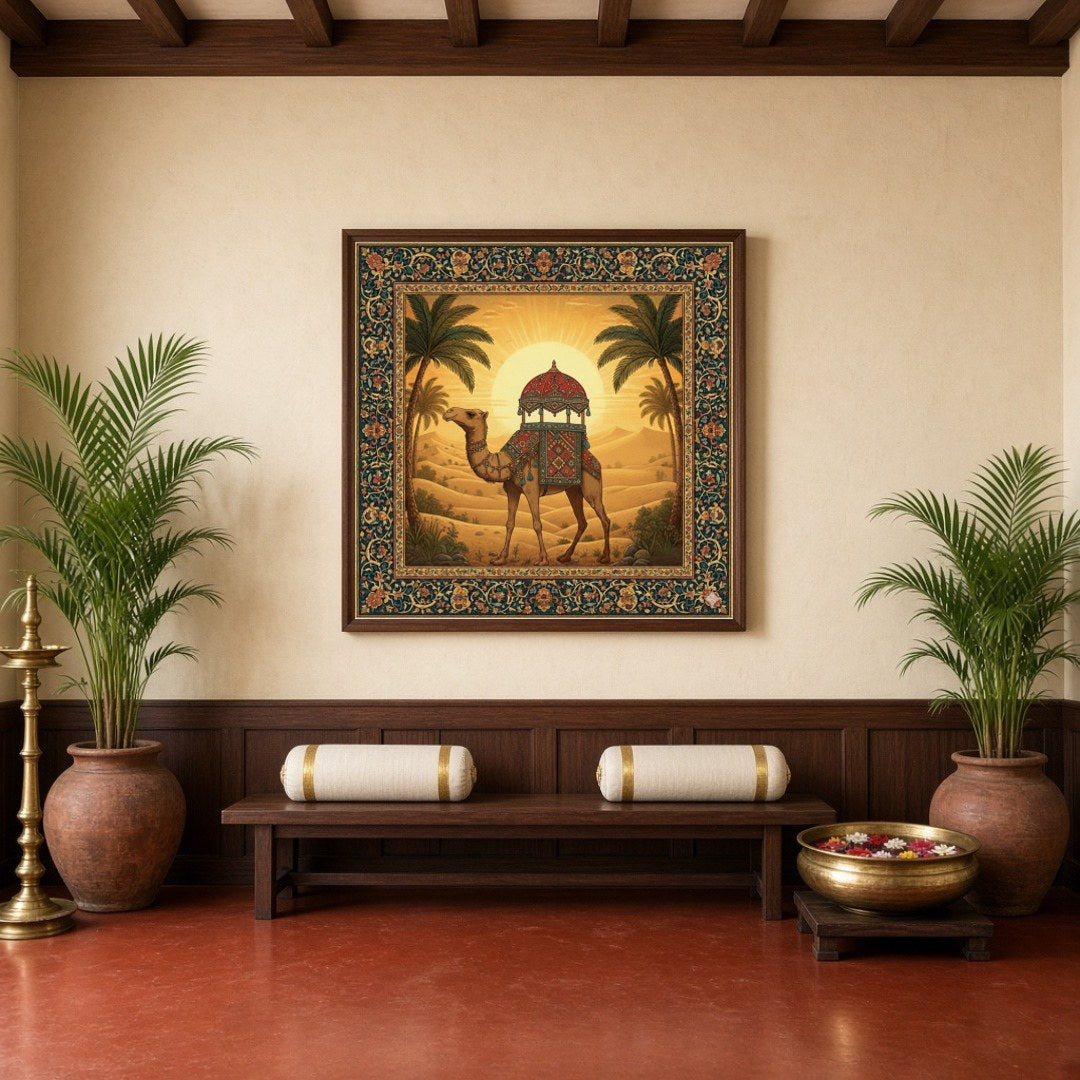 Immerse yourself in the golden glow of a sunlit desert landscape with this captivating art piece. for Hallway