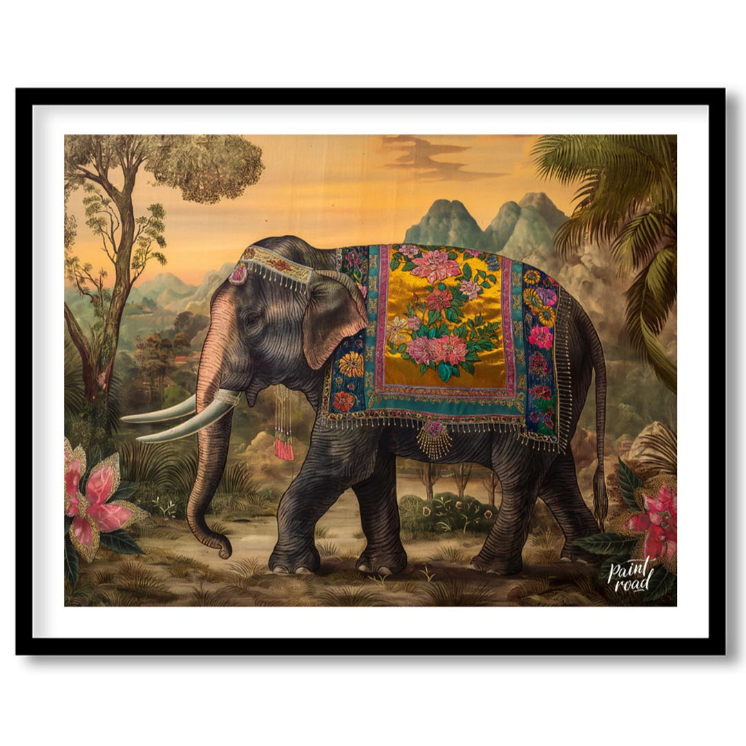 This opulent artwork showcases a gracefully striding elephant, magnificently adorned with a golden … for area