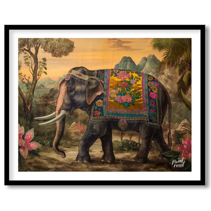 This opulent artwork showcases a gracefully striding elephant, magnificently adorned with a golden … for area
