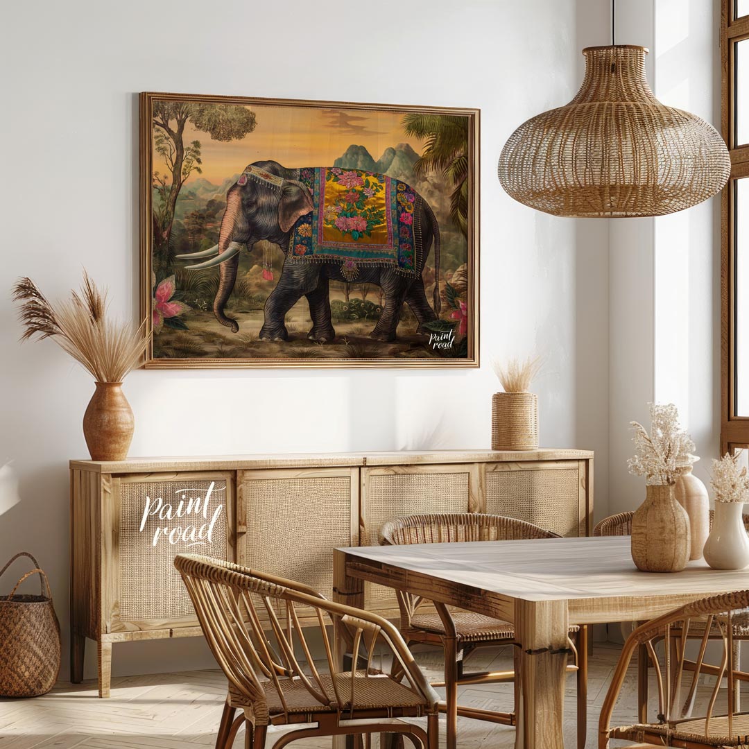 This opulent artwork showcases a gracefully striding elephant, magnificently adorned with a golden … for dining room