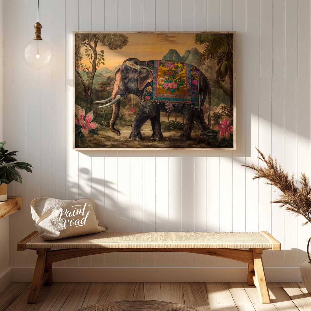 This opulent artwork showcases a gracefully striding elephant, magnificently adorned with a golden … for entryway