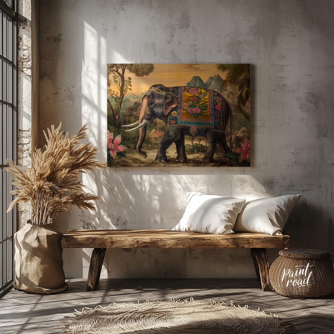 This opulent artwork showcases a gracefully striding elephant, magnificently adorned with a golden … for entryway