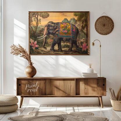 This opulent artwork showcases a gracefully striding elephant, magnificently adorned with a golden … for living room