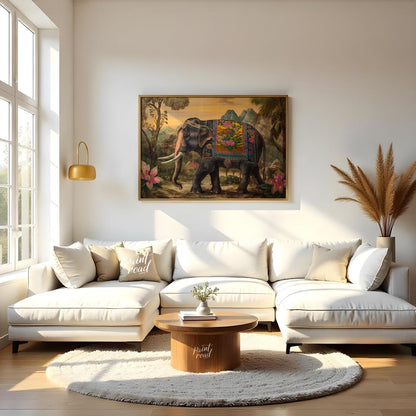 This opulent artwork showcases a gracefully striding elephant, magnificently adorned with a golden … for living room