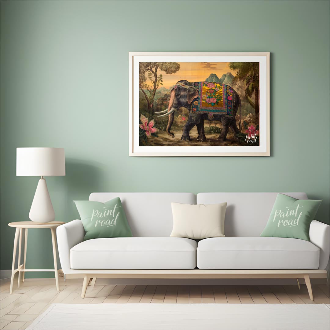 This opulent artwork showcases a gracefully striding elephant, magnificently adorned with a golden … for living room