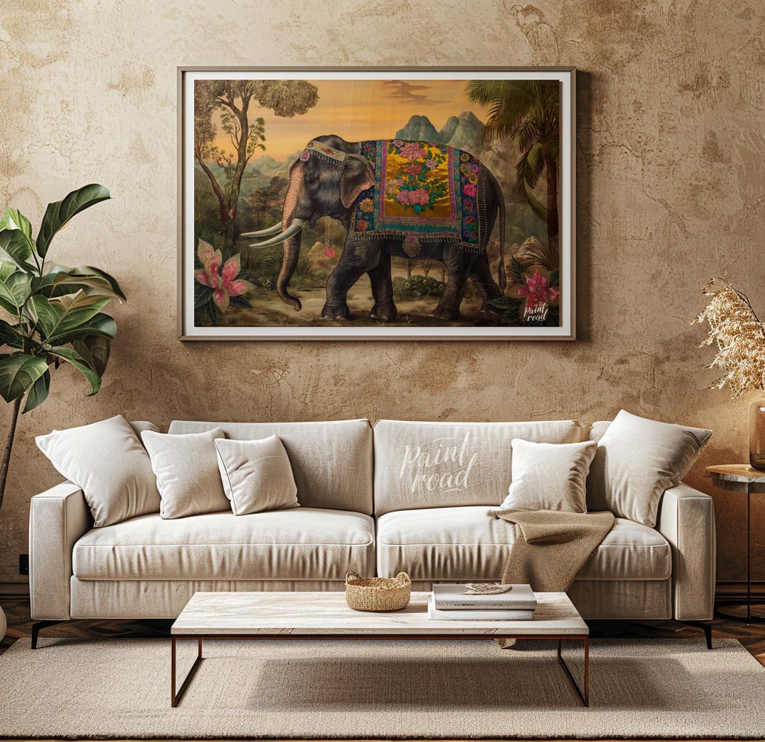 This opulent artwork showcases a gracefully striding elephant, magnificently adorned with a golden … for living room