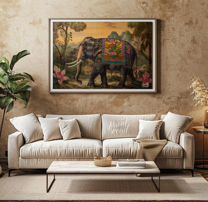 This opulent artwork showcases a gracefully striding elephant, magnificently adorned with a golden … for living room