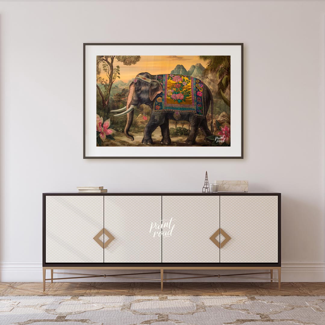 This opulent artwork showcases a gracefully striding elephant, magnificently adorned with a golden … for living room