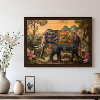 This opulent artwork showcases a gracefully striding elephant, magnificently adorned with a golden … for living room