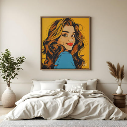 "Golden Gaze" presents a stylized portrait of a woman with flowing, golden-brown hair, rendered in … for bedroom