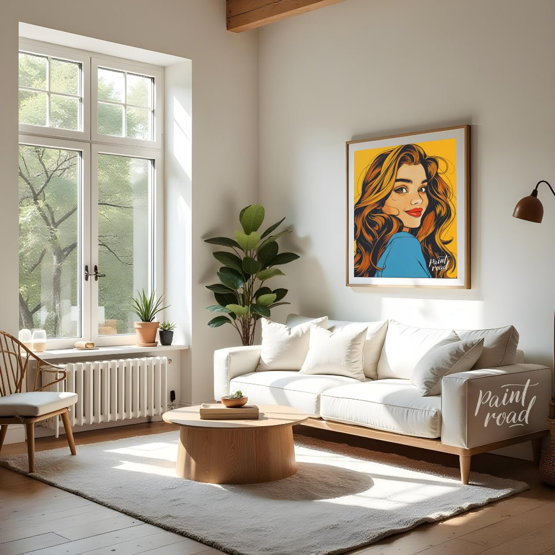 "Golden Gaze" presents a stylized portrait of a woman with flowing, golden-brown hair, rendered in … for living room
