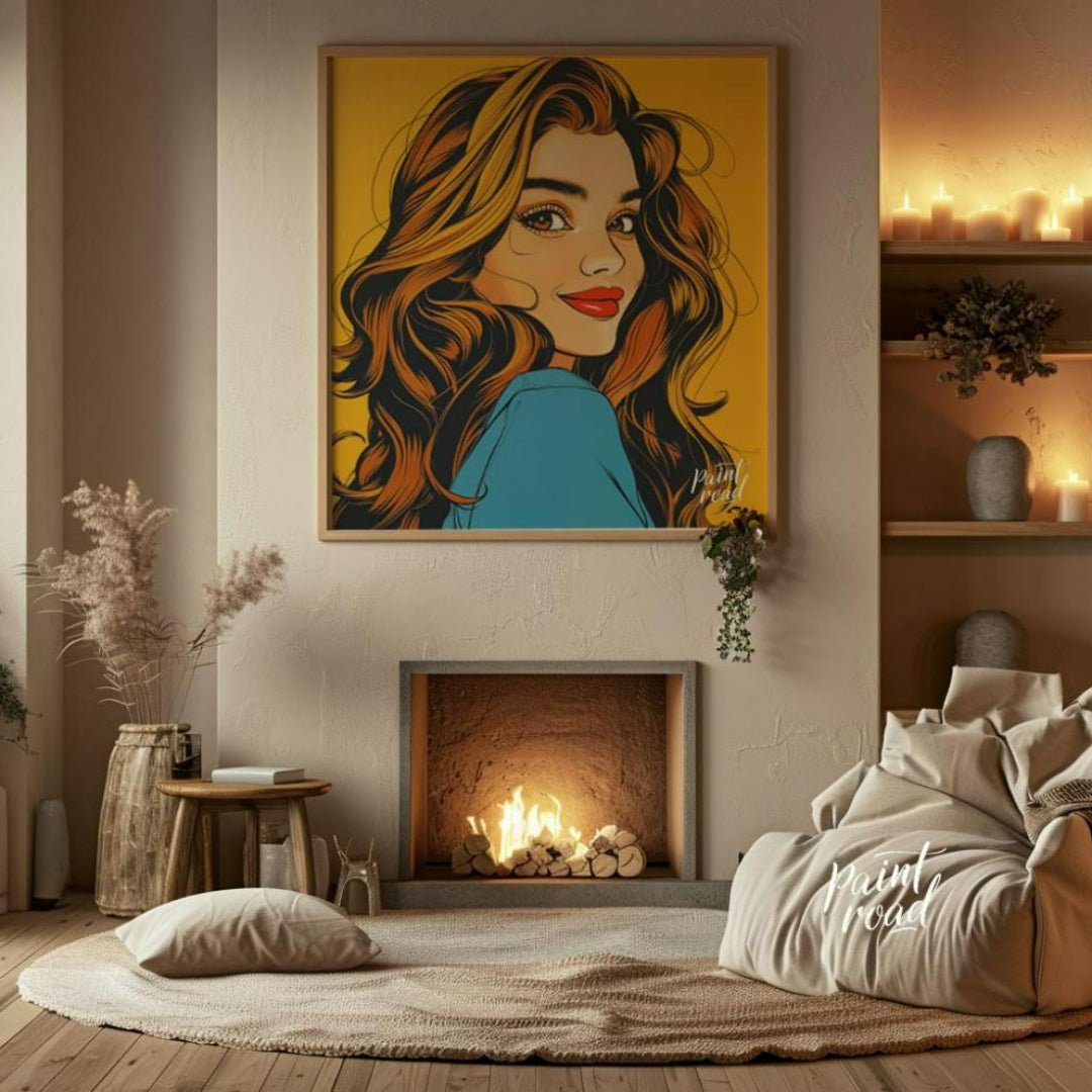 "Golden Gaze" presents a stylized portrait of a woman with flowing, golden-brown hair, rendered in … for living room