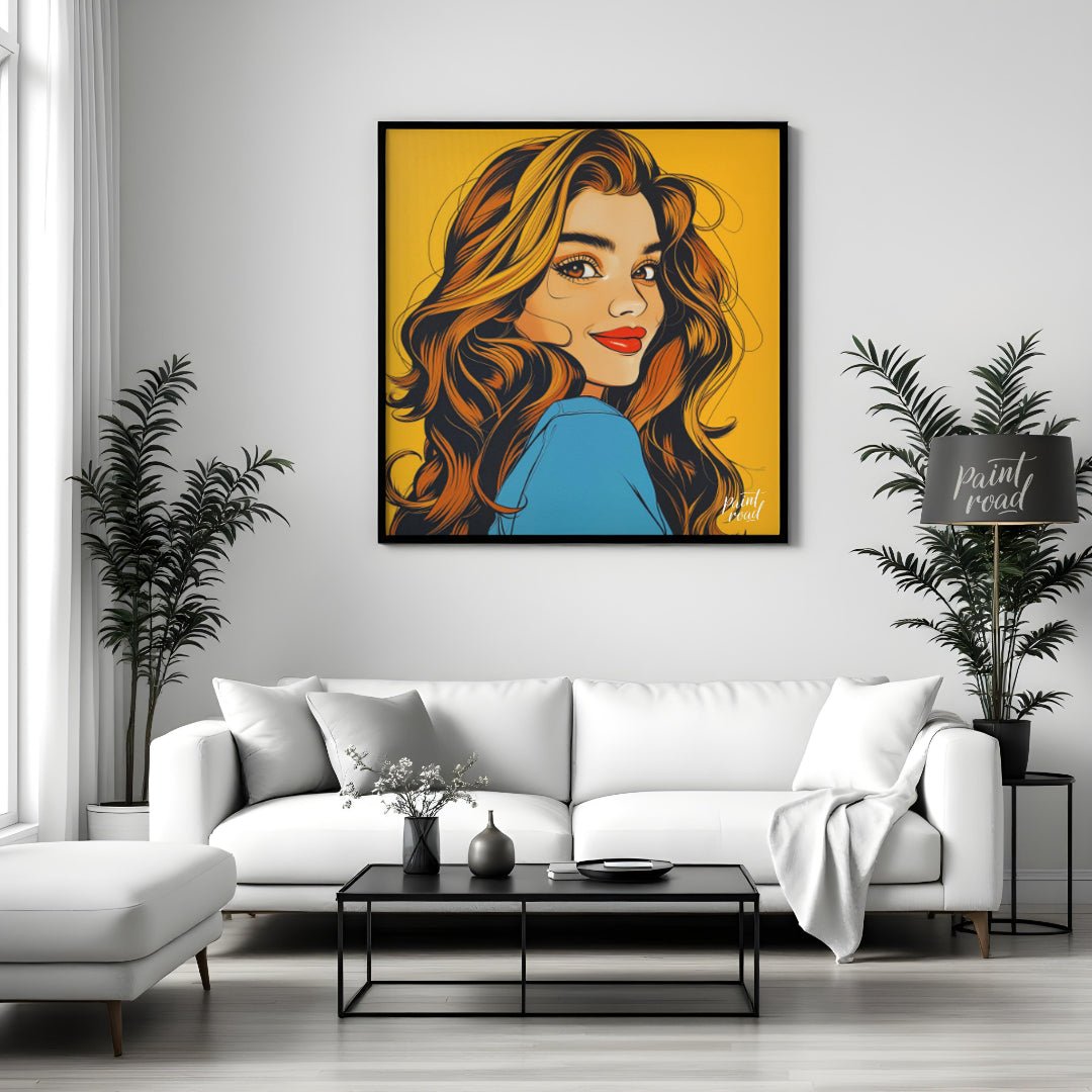 "Golden Gaze" presents a stylized portrait of a woman with flowing, golden-brown hair, rendered in … for living room