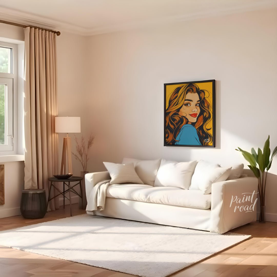 "Golden Gaze" presents a stylized portrait of a woman with flowing, golden-brown hair, rendered in … for living room