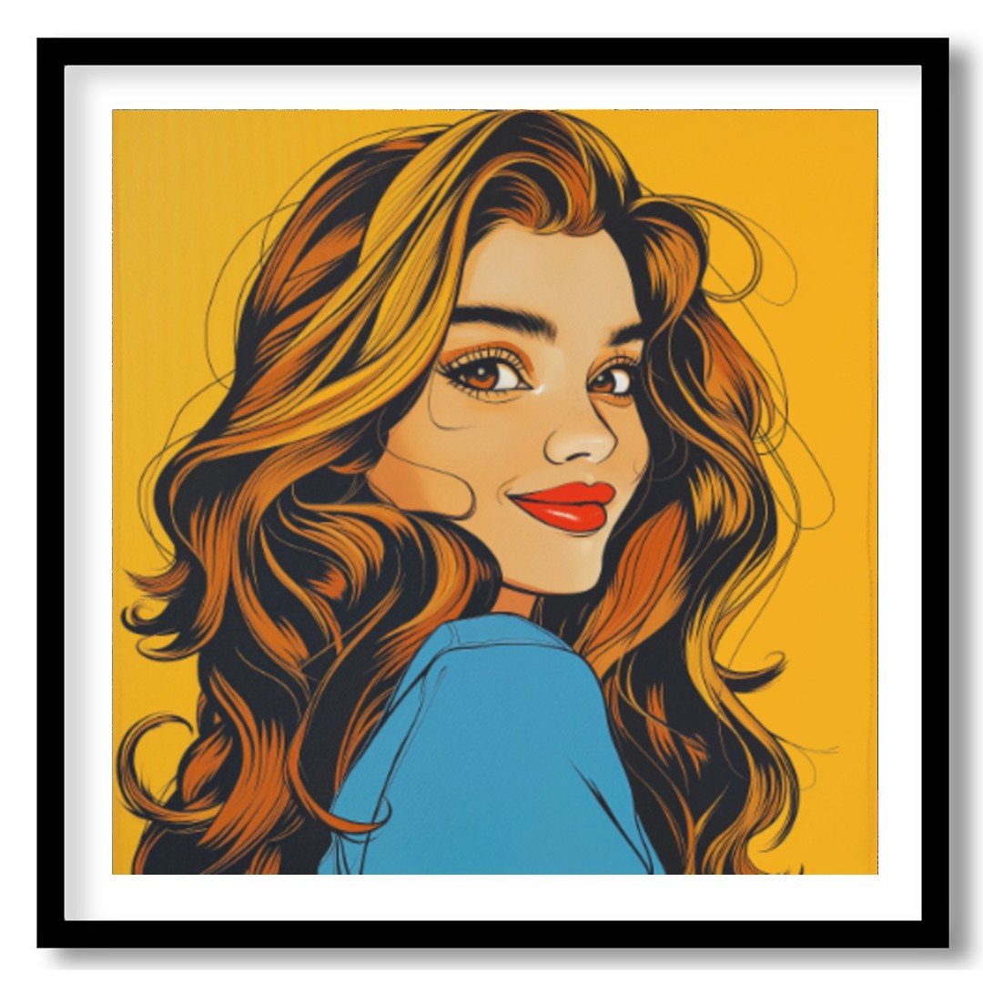 "Golden Gaze" presents a stylized portrait of a woman with flowing, golden-brown hair, rendered in … for place