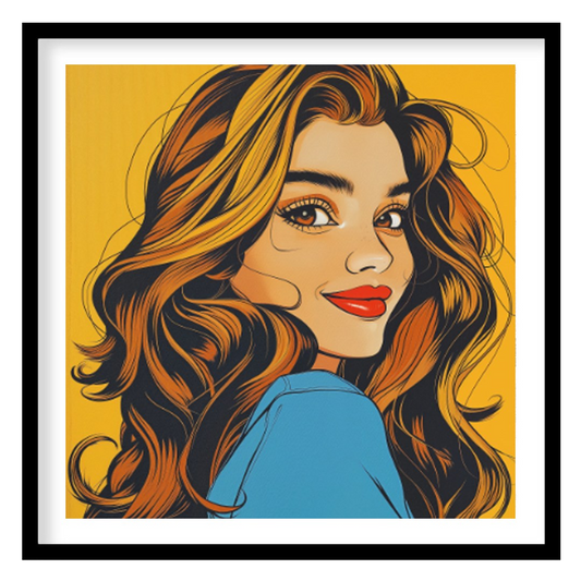 "Golden Gaze" presents a stylized portrait of a woman with flowing, golden-brown hair, rendered in … for place