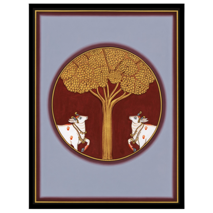 This exquisite Pichwai artwork captures the serene presence of sacred cows under the resplendent for decor