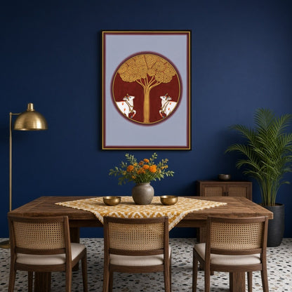 This exquisite Pichwai artwork captures the serene presence of sacred cows under the resplendent for Dining
