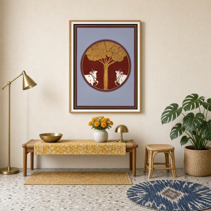 This exquisite Pichwai artwork captures the serene presence of sacred cows under the resplendent for Entrance