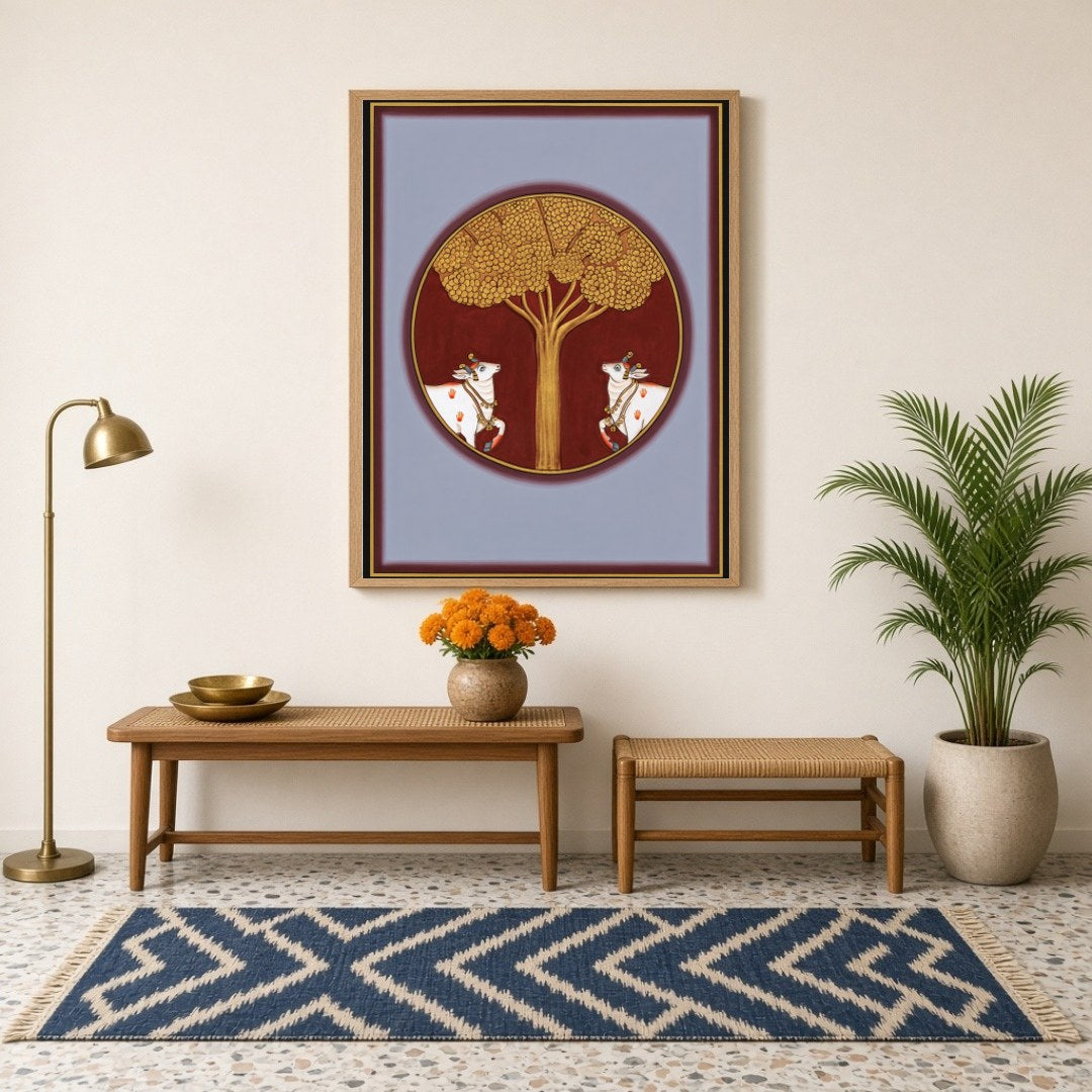 This exquisite Pichwai artwork captures the serene presence of sacred cows under the resplendent for Hallway