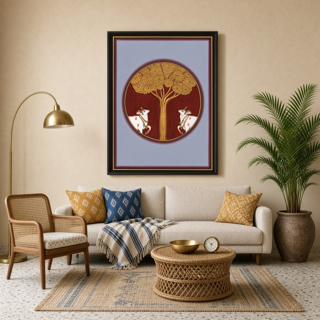 This exquisite Pichwai artwork captures the serene presence of sacred cows under the resplendent for Living Room