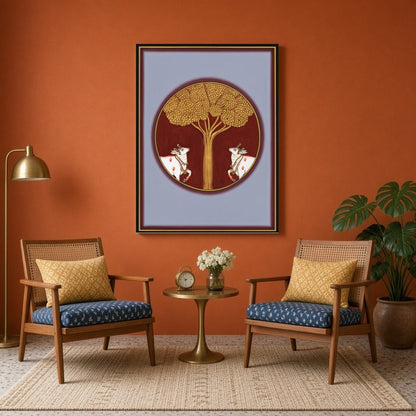 This exquisite Pichwai artwork captures the serene presence of sacred cows under the resplendent for Sitting Area