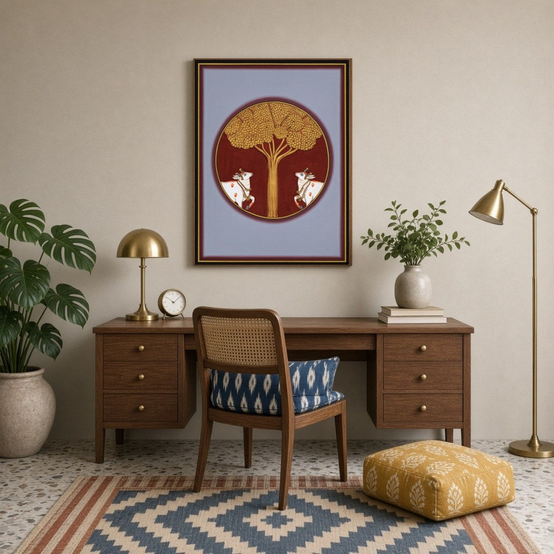 This exquisite Pichwai artwork captures the serene presence of sacred cows under the resplendent for Study
