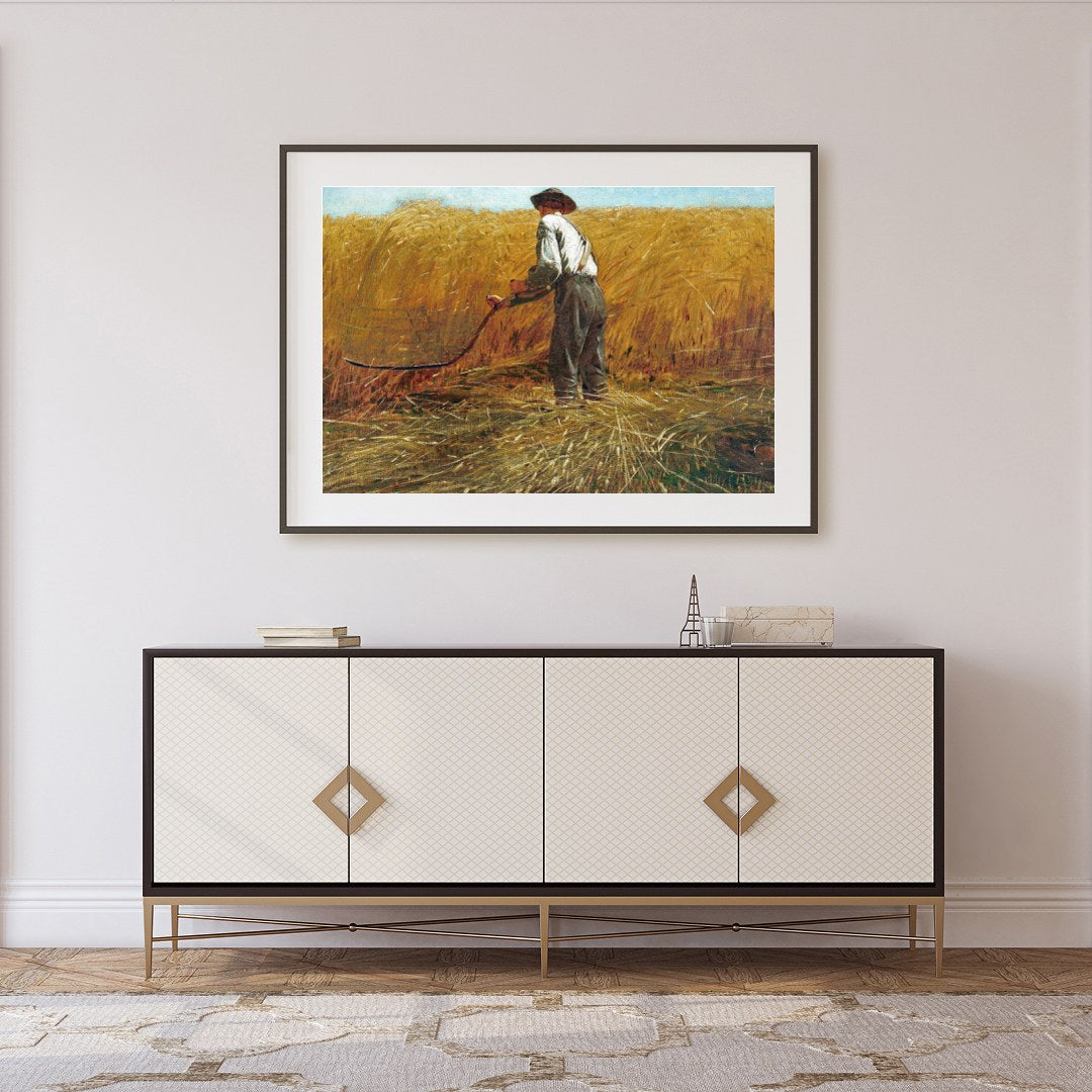 Bask in the tranquil beauty of a bygone era with this evocative landscape depicting a farmer at for Foyer