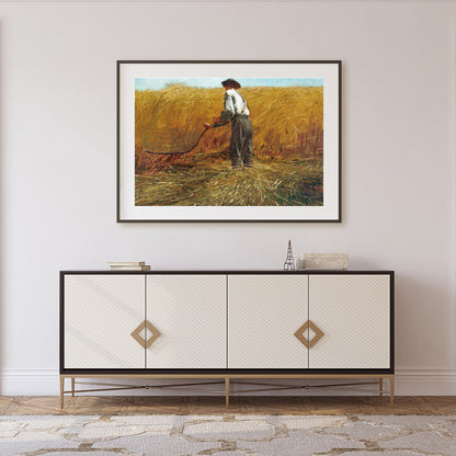 Bask in the tranquil beauty of a bygone era with this evocative landscape depicting a farmer at for Foyer
